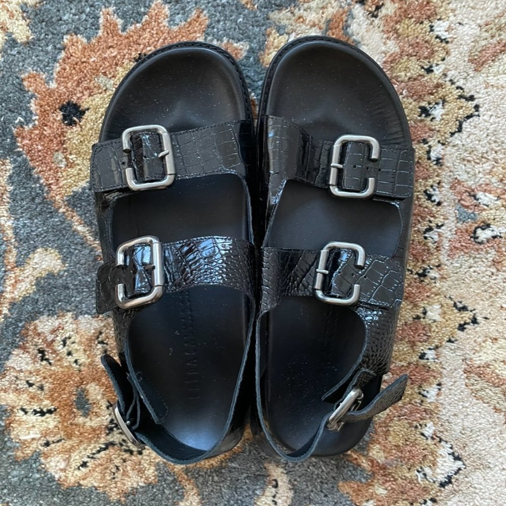 Size 9 Freda Salvador Women's Piper Buckle Croc-Embossed Slingback Sandals